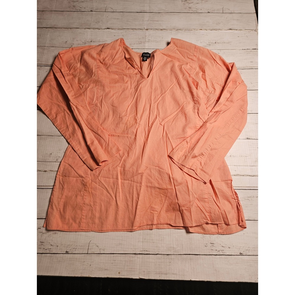 Eileen Fisher Coral Peach 100% Cotton V-Neck Long Sleeve Tunic Top Womens M‎
